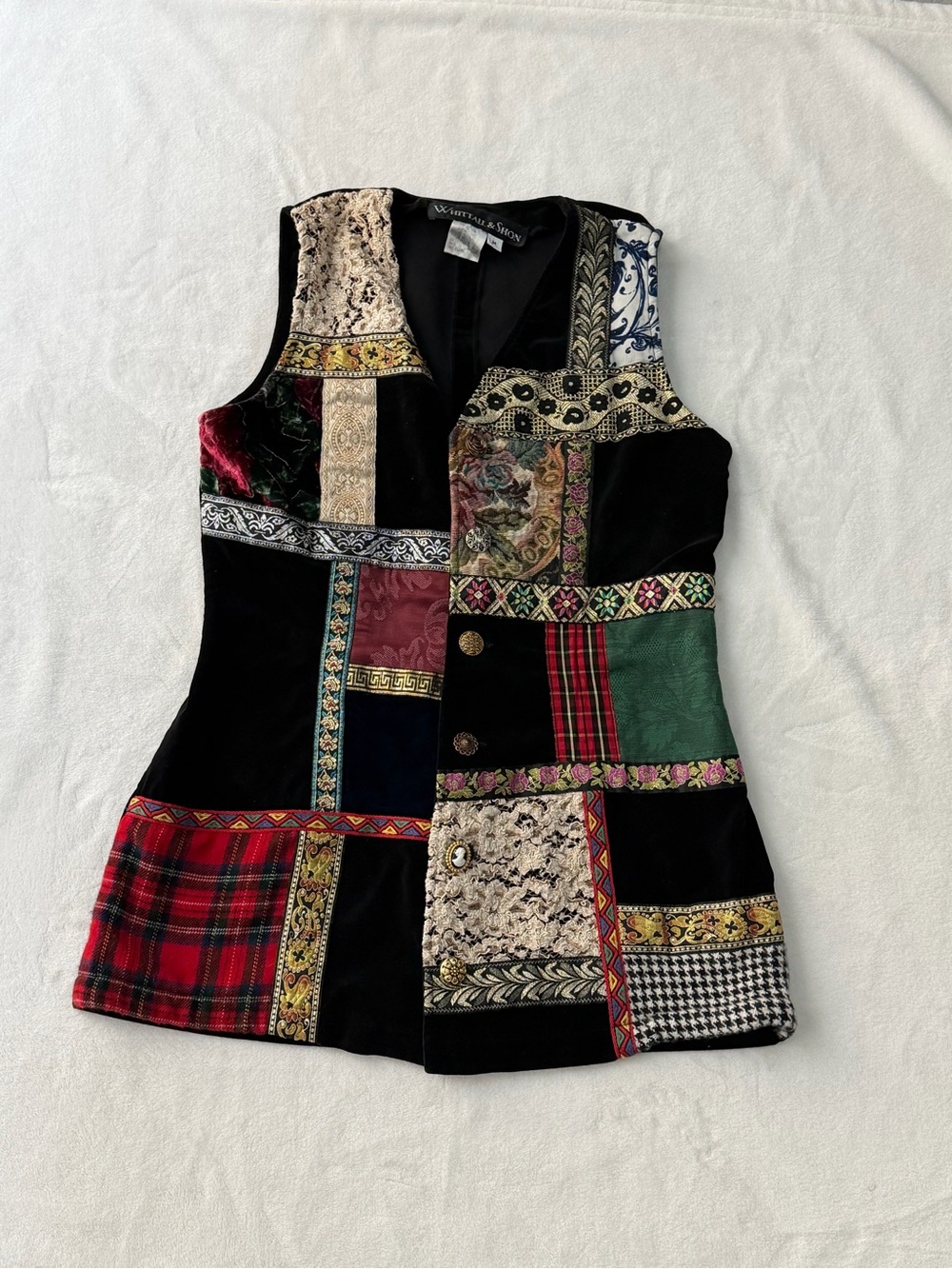 Vintage Whittall & Shon Mixed Media Velvet Patchwork Vest - Size Medium
